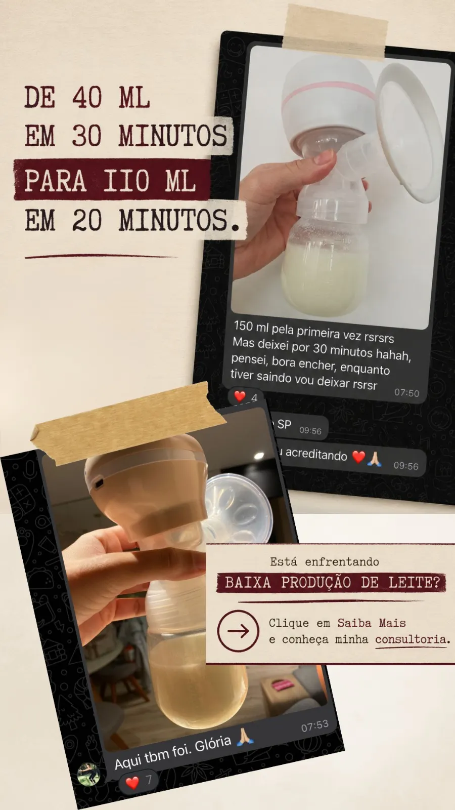 Mãe relata ter saído de 40 ml em 30 minutos para 110 ml em 20 minutos